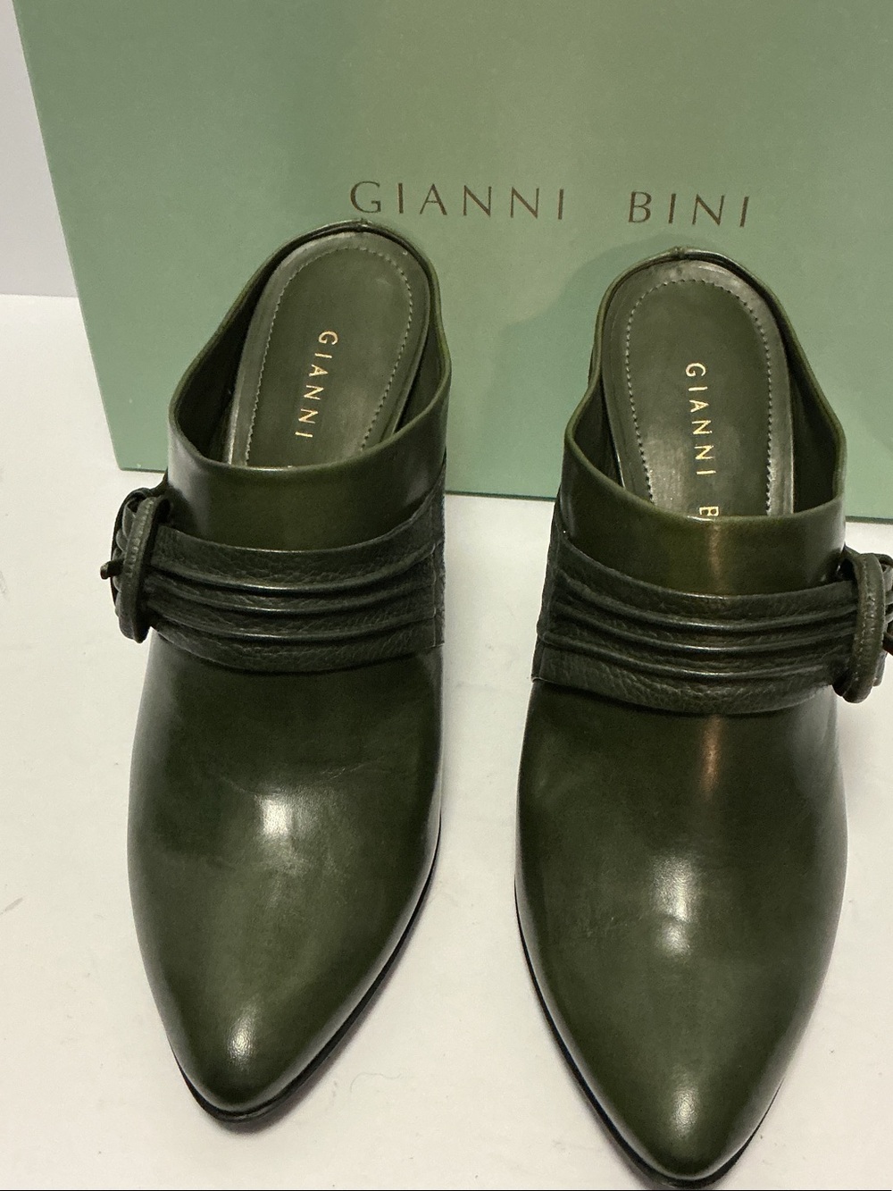 Gianni Bini Dark Olive Pointed Leather Mule with Buckle Strap